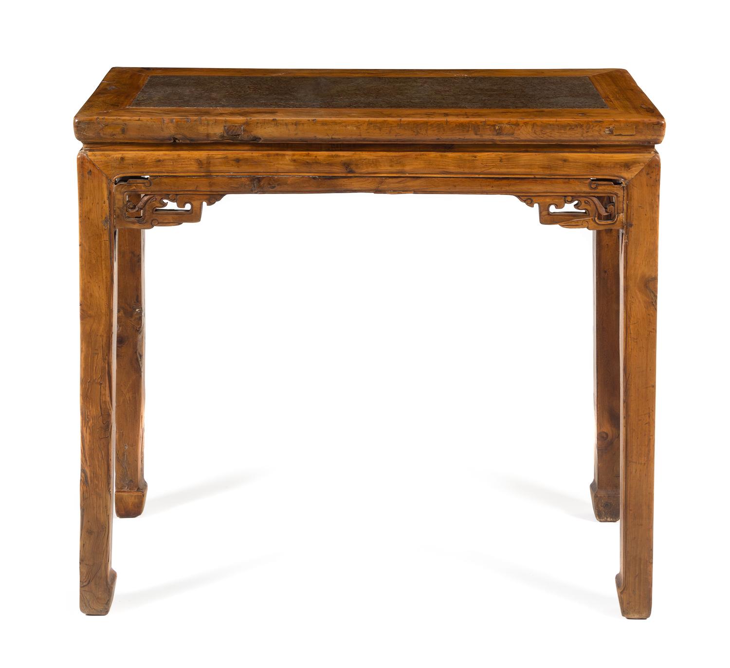 A Chinese Pudding Stone Inset Hardwood Corner-Leg Table, Banzhuo Height 32 1/4 x width 37 x depth 17 1/2 inches. — 18TH/19TH CENTURY