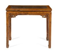 A Chinese Pudding Stone Inset Hardwood Corner-Leg Table, Banzhuo Height 32 1/4 x width 37 x depth 17 1/2 inches. — 18TH/19TH CENTURY
