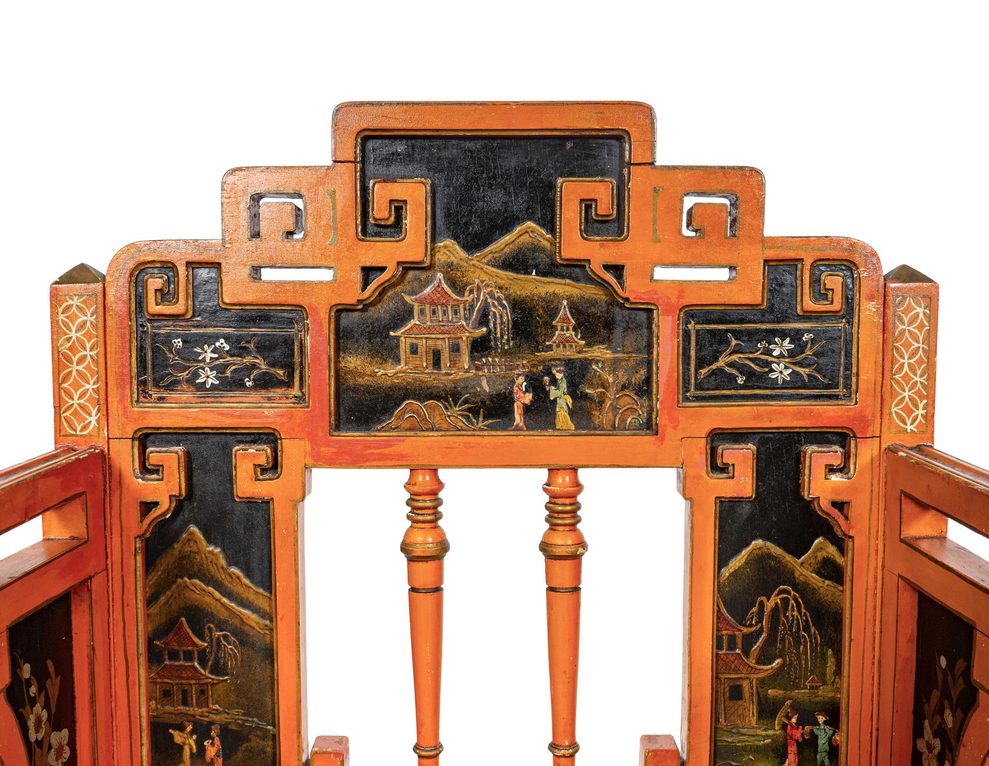 A Seven-Piece Red Painted Chinoiserie Decorated Salon Suite