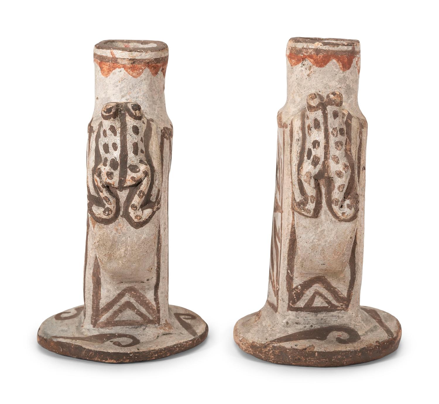 Pair of Zuni Figural Polychrome Pottery Candlesticks