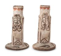 Pair of Zuni Figural Polychrome Pottery Candlesticks