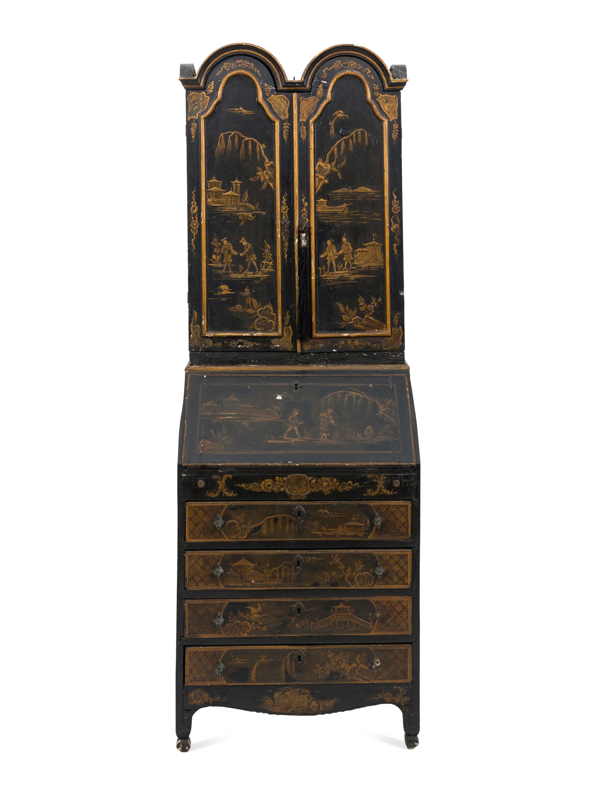A Chinoiserie-Decorated Painted and Parcel Gilt Bureau Bookcase