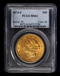 A United States 1874-S Liberty Head $20 Gold Coin