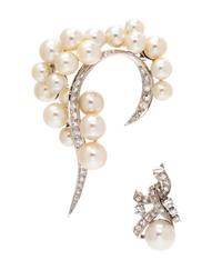 A Collection of White Gold, Cultured Pearl and Diamond Jewelry, 10.40 dwts.