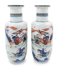 A Pair of Chinese Underglaze Blue and Wucai Porcelain Rouleau Vases