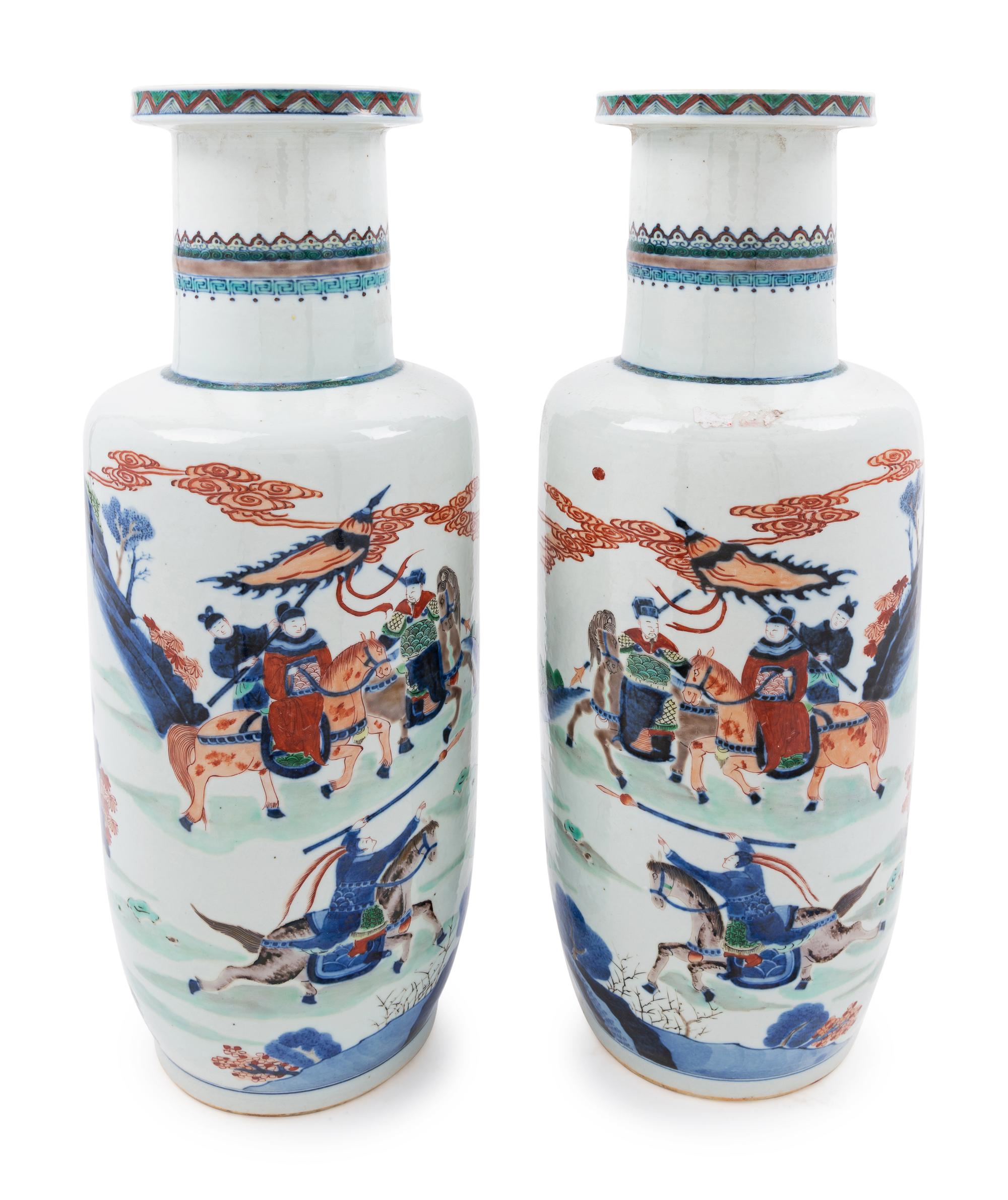 A Pair of Chinese Underglaze Blue and Wucai Porcelain Rouleau Vases