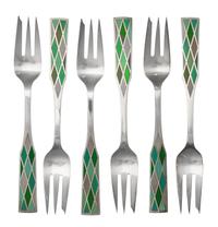 A Set of Twelve Danish Enameled Silver Cocktail Forks, Georg Jensen Silversmithy, Copenhagen, Mid-20th Century, Harlequin pattern, comp