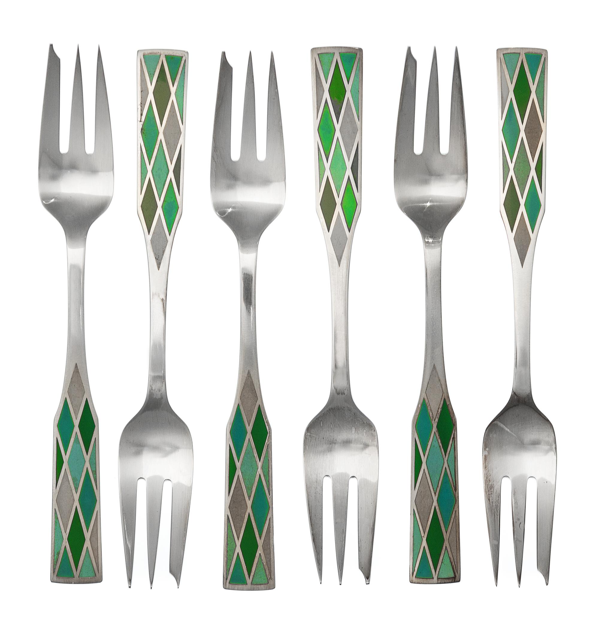 A Set of Twelve Danish Enameled Silver Cocktail Forks, Georg Jensen Silversmithy, Copenhagen, Mid-20th Century, Harlequin pattern, comp