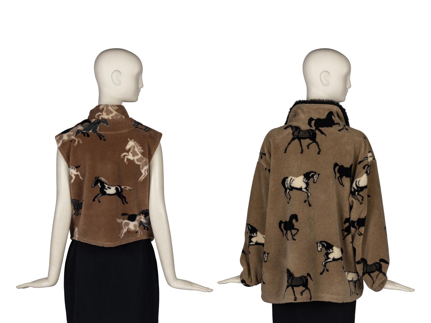 Two Equestrian Motif Fleece Knits and Two Brooches