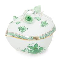 A Group of Three Herend Chinese Bouquet Green Porcelain Articles