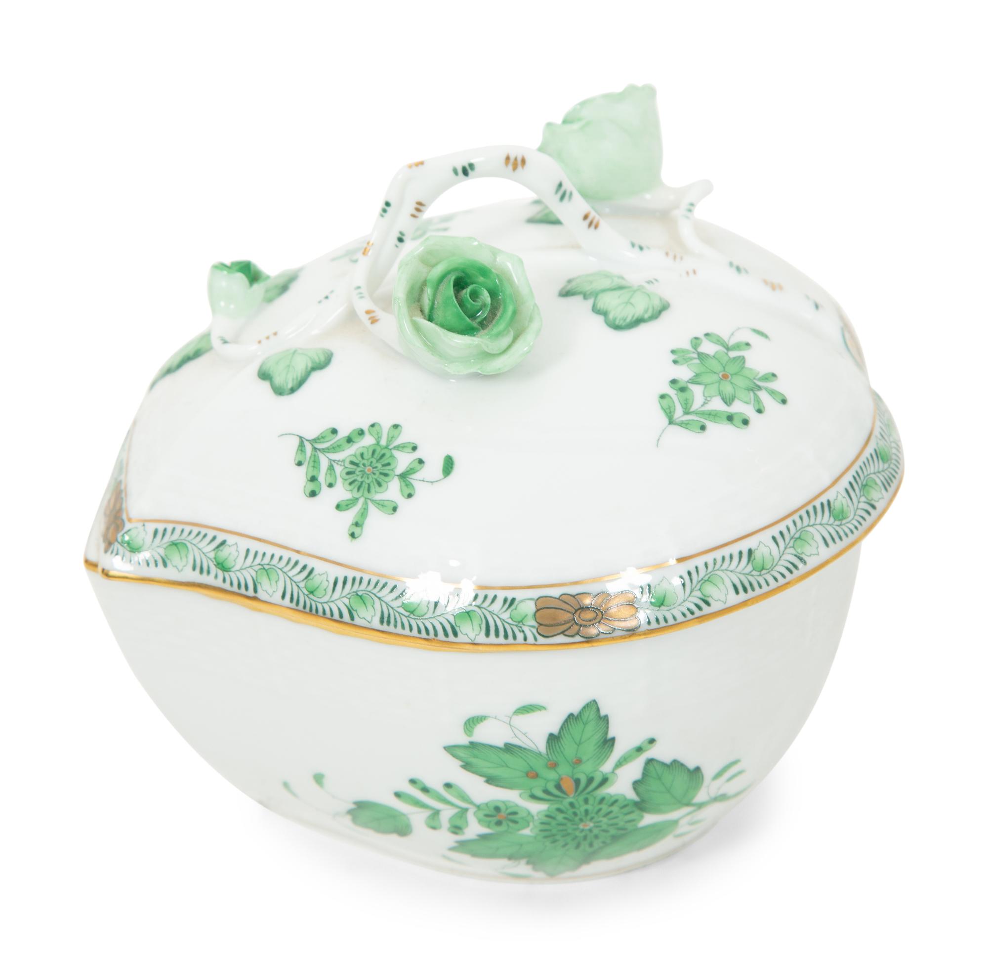 A Group of Three Herend Chinese Bouquet Green Porcelain Articles
