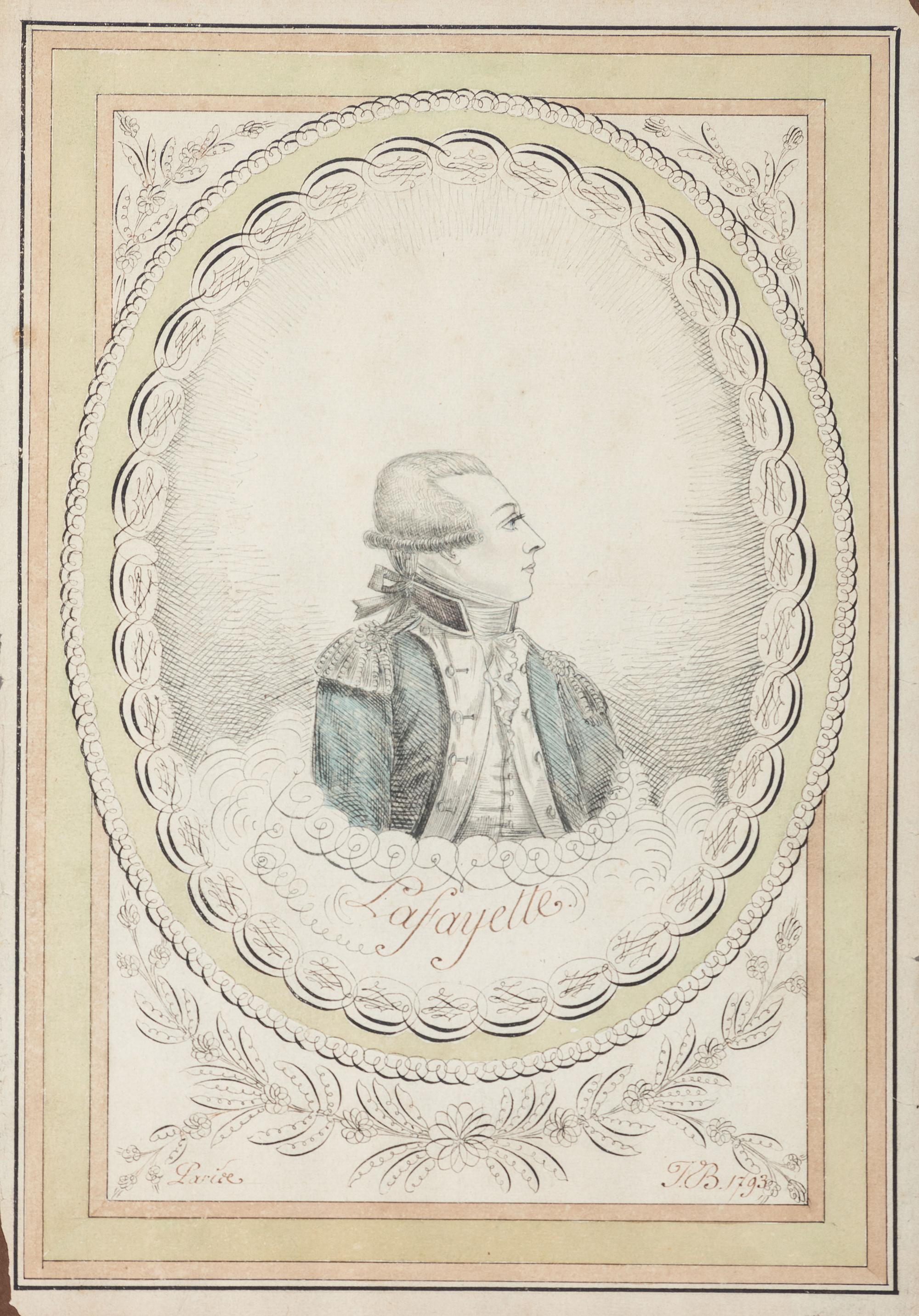 [REVOLUTIONARY WAR]. LAFAYETTE, Marie Joseph Paul Yves Roch Gilbert du Motier, Maquis de (1757-1834). Ink and watercolor portrait of Marquis de Lafayette.
