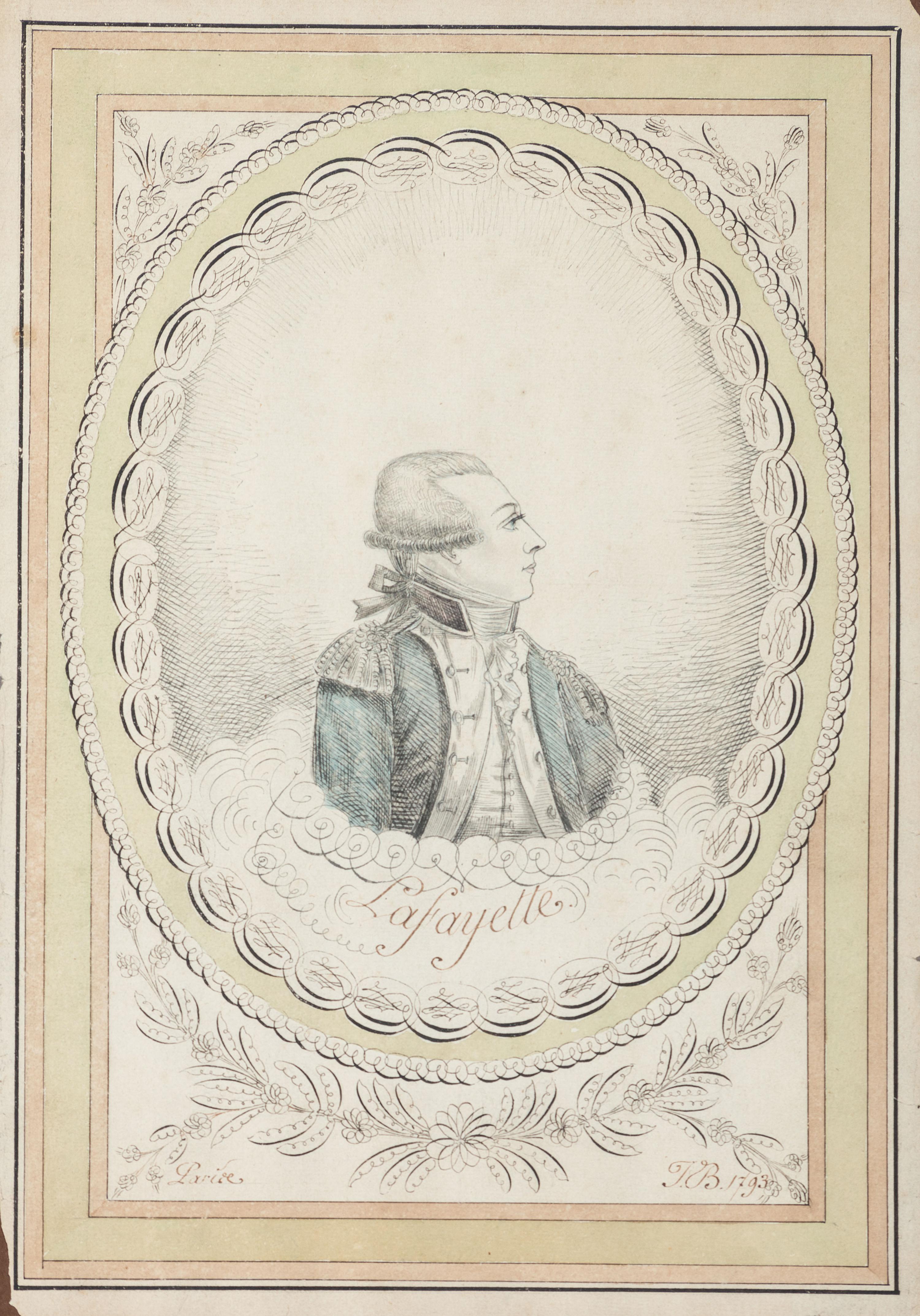[REVOLUTIONARY WAR]. LAFAYETTE, Marie Joseph Paul Yves Roch Gilbert du Motier, Maquis de (1757-1834). Ink and watercolor portrait of Marquis de Lafayette.