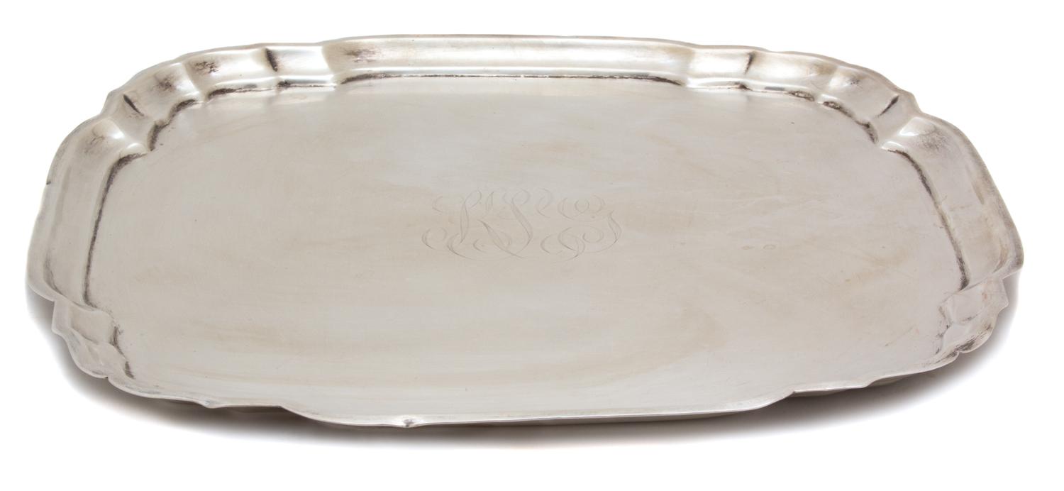 An American Silver Squared Form Serving Tray, Possibly Graff, Washborn & Dunne, with molded border and central monogram
