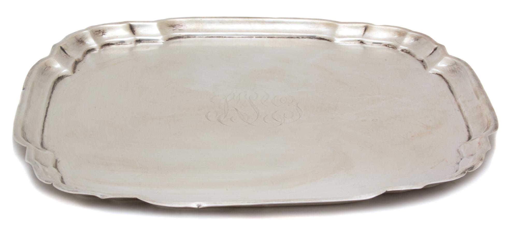 An American Silver Squared Form Serving Tray, Possibly Graff, Washborn & Dunne, with molded border and central monogram