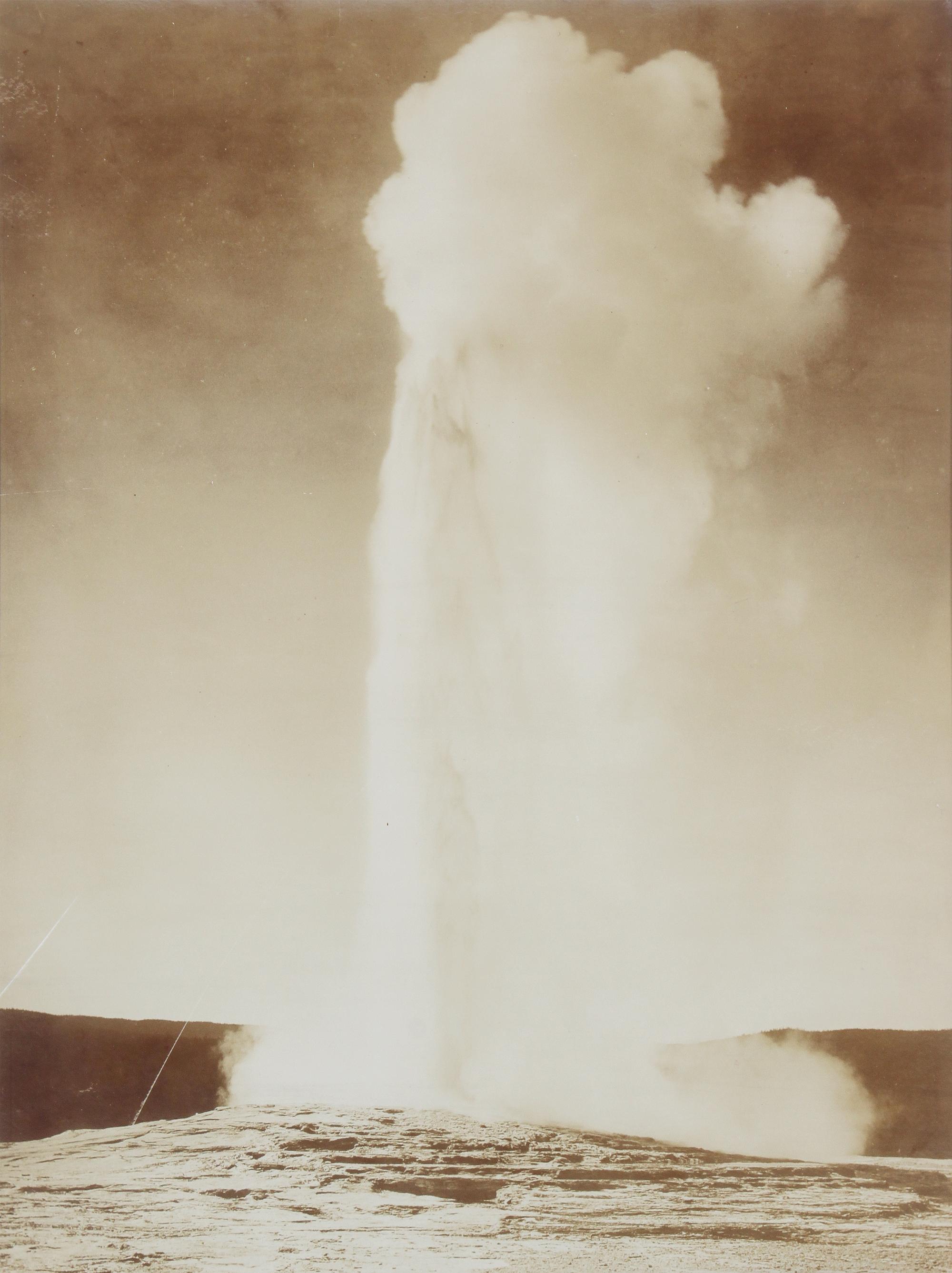 Frank Jay Haynes, (American, 1853-1921), Liberty Cap and Hotel, Yellowstone National Park Yellowstone Lake, Mount Sheridan, Yellowstone