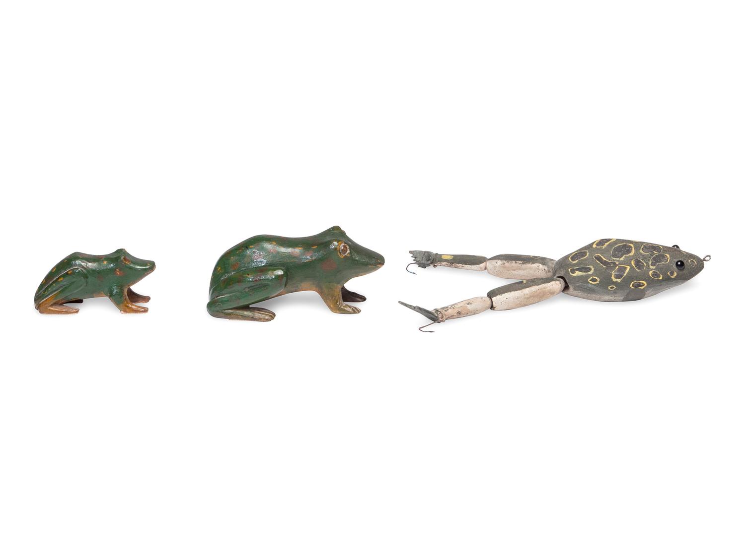 Three Folk Art Carved and Painted Wood Frogs