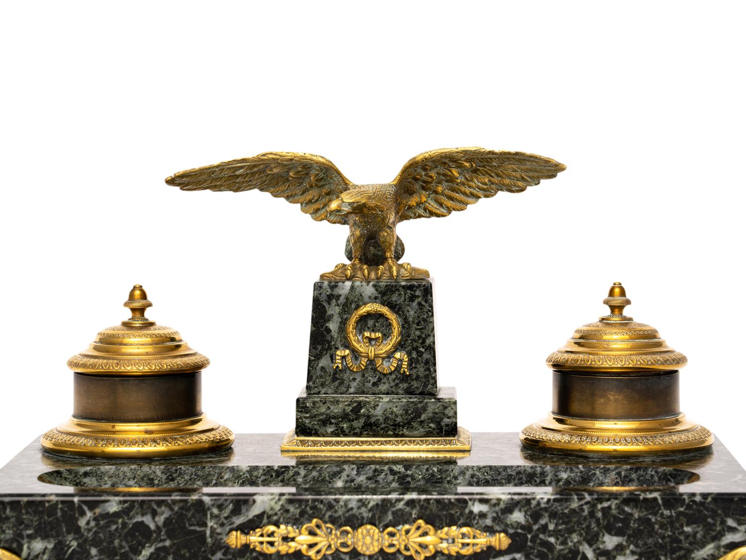 An Empire Style Gilt Metal and Marble Encrier
