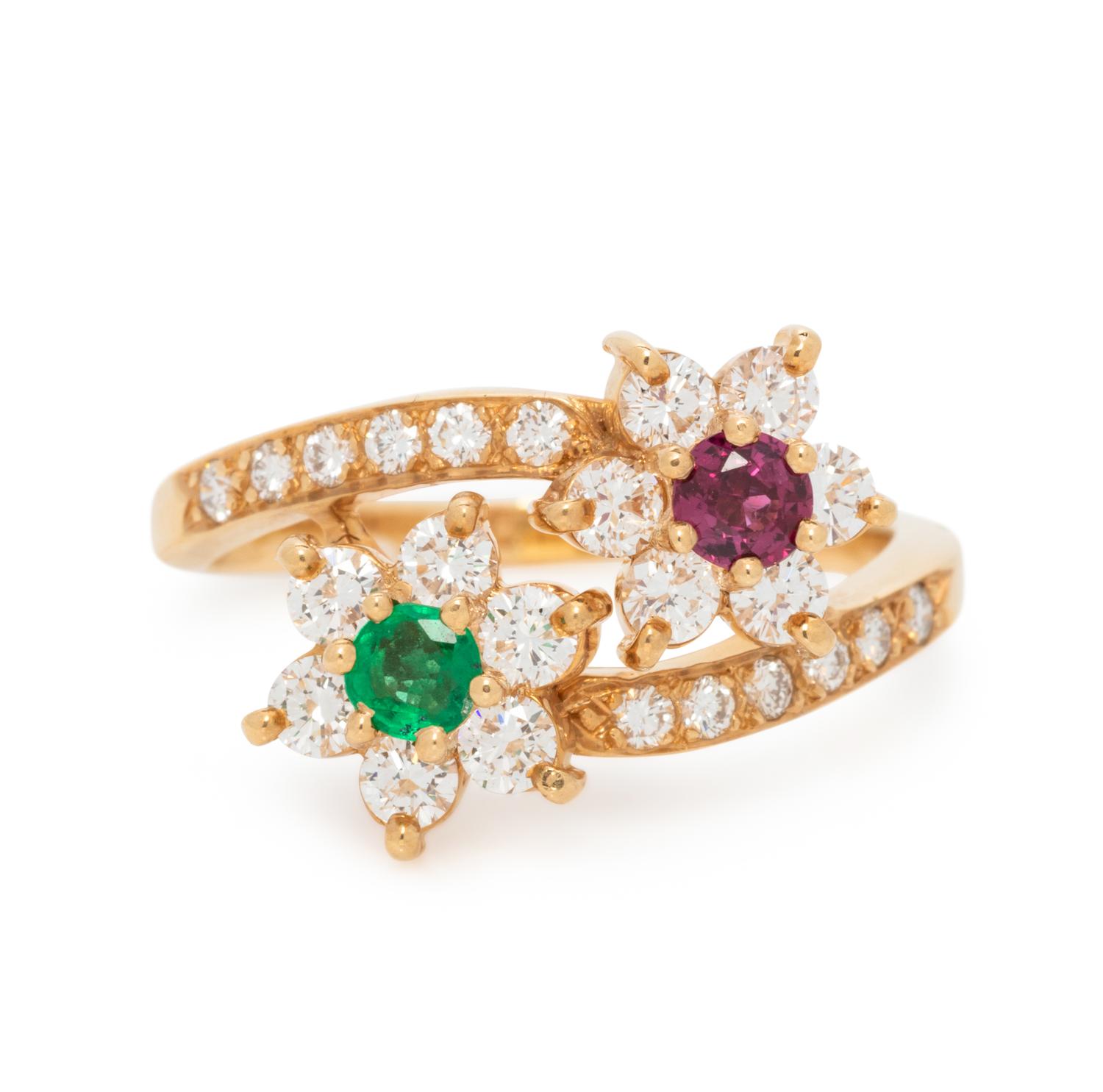 RUBY, EMERALD, AND DIAMOND FLOWER BYPASS RING