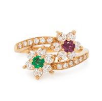 RUBY, EMERALD, AND DIAMOND FLOWER BYPASS RING