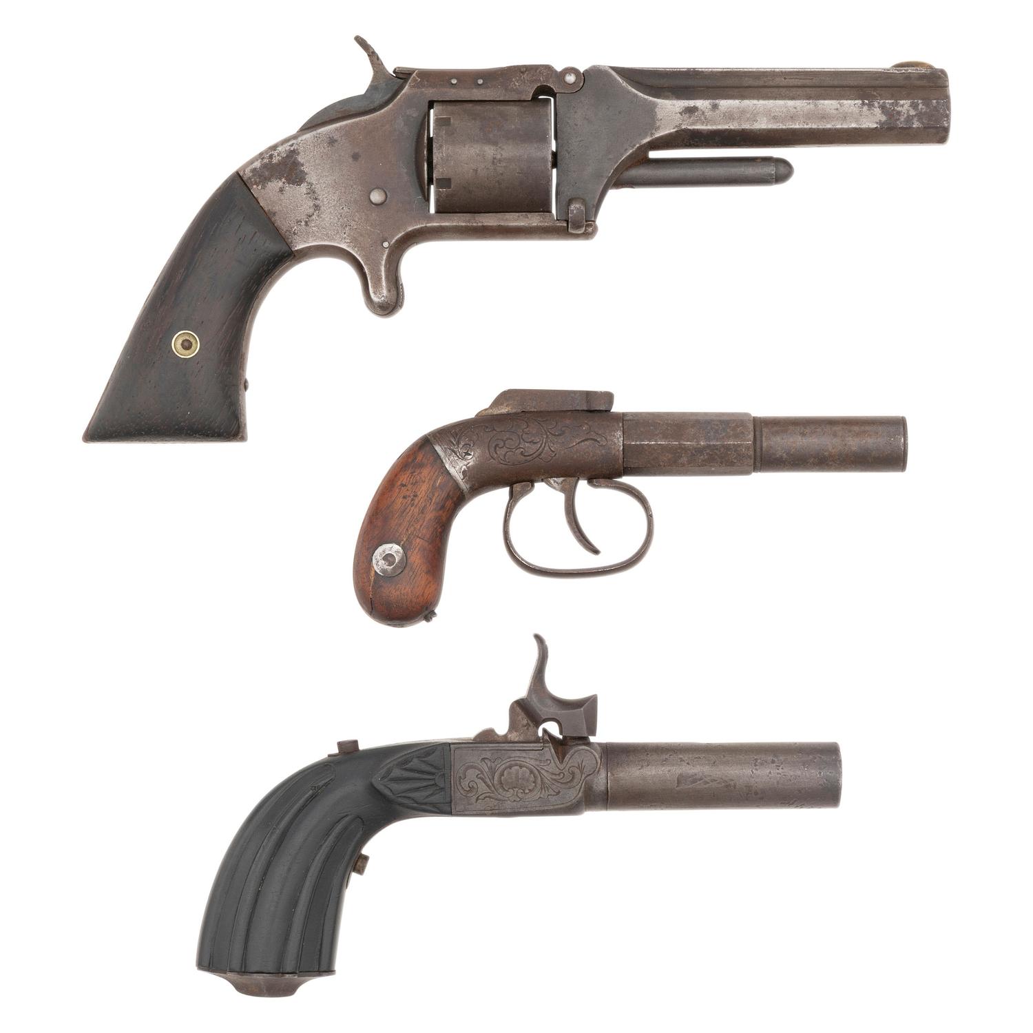 3 Antique Pistols: S&W No 2 Revolver, Manhattan Bar Hamer Single Shot, Continental Percussion Single Shot Pocket Pistol