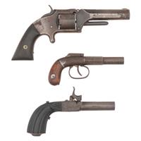 3 Antique Pistols: S&W No 2 Revolver, Manhattan Bar Hamer Single Shot, Continental Percussion Single Shot Pocket Pistol