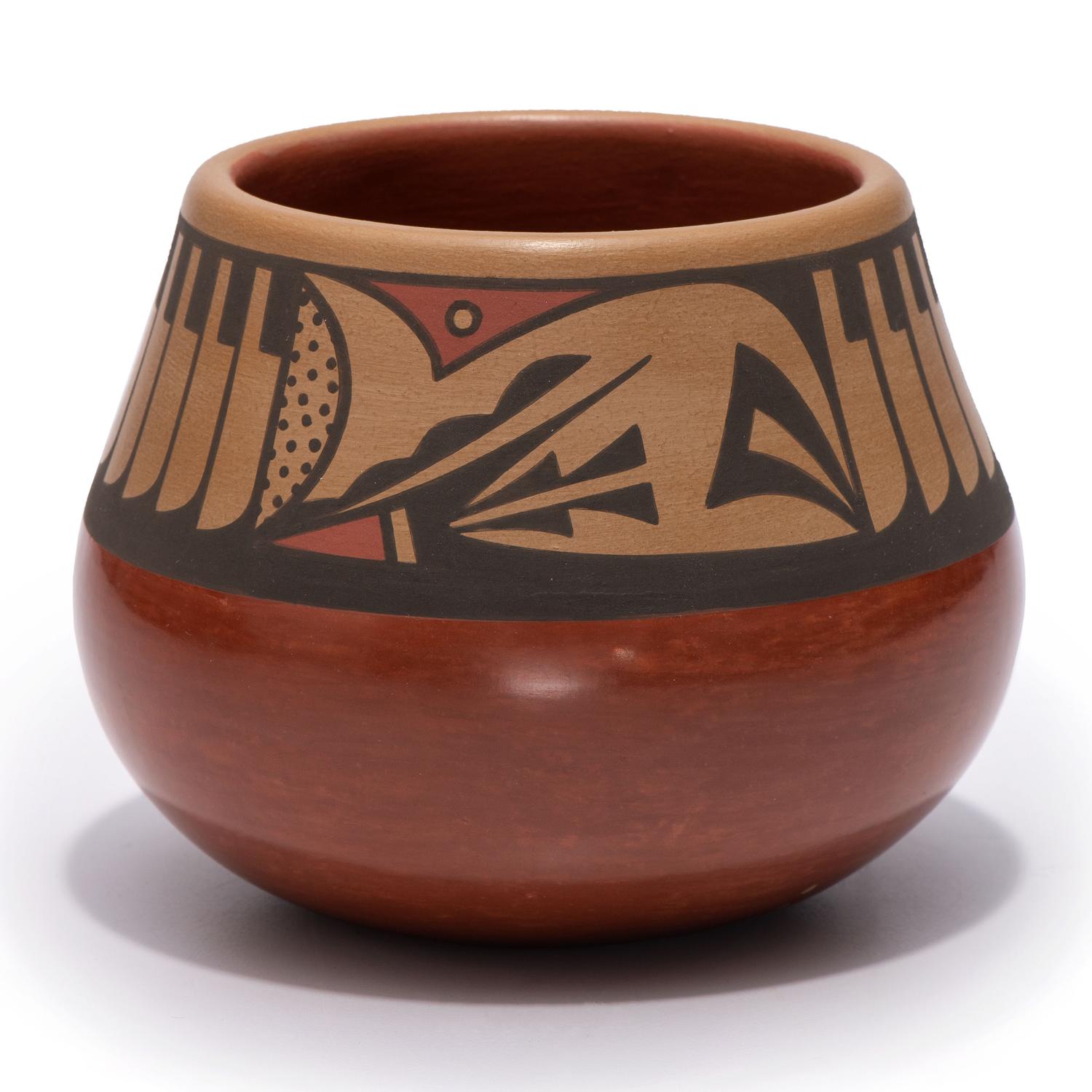 Red and Sienna Pottery Jar, with Repeating Feathers