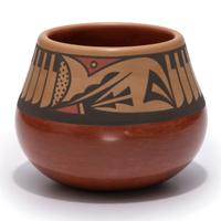 Red and Sienna Pottery Jar, with Repeating Feathers