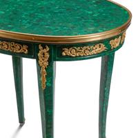 A Pair of Louis XV Style Malachite Veneered and Gilt Bronze Mounted Tables