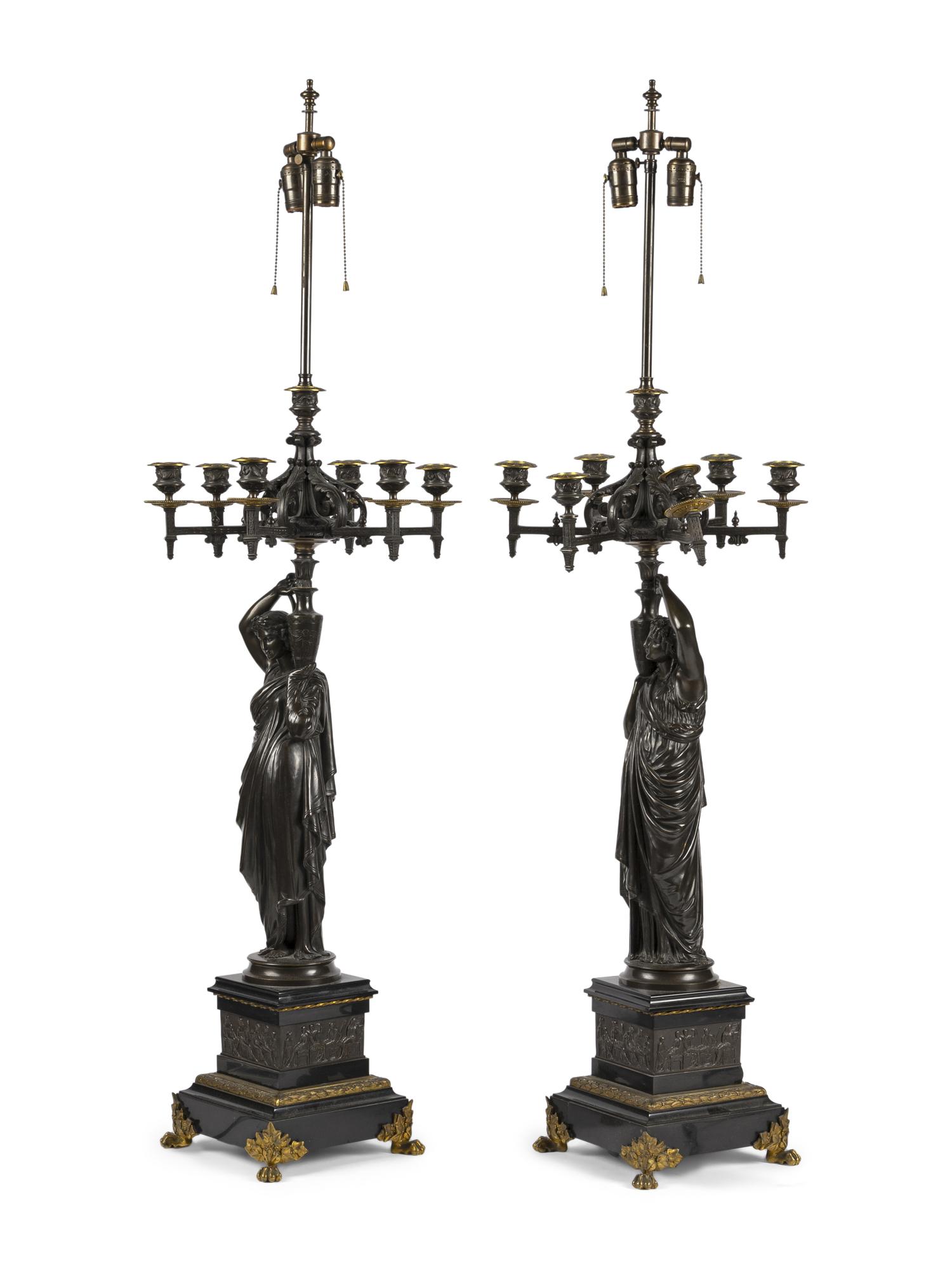 A Pair of Continental Bronze Figural Seven-Light Candelabra Mounted as Lamps