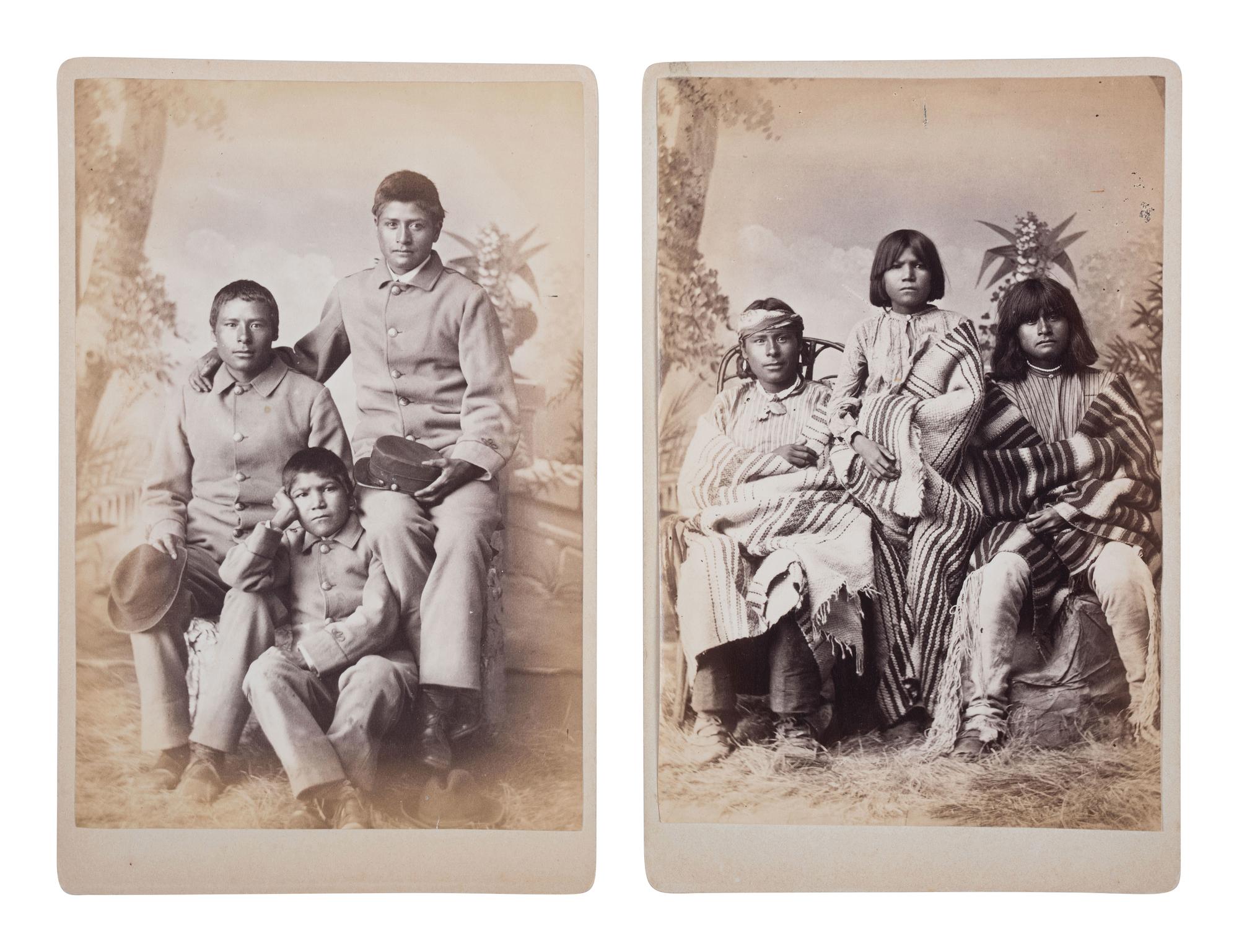 CHOATE, John N. (1848-1902), photographer. A pair of cabinet cards featuring identified male Pueblo students at Carlisle Indian School, before and after. Carlisle, PA, ca 1880-81.
