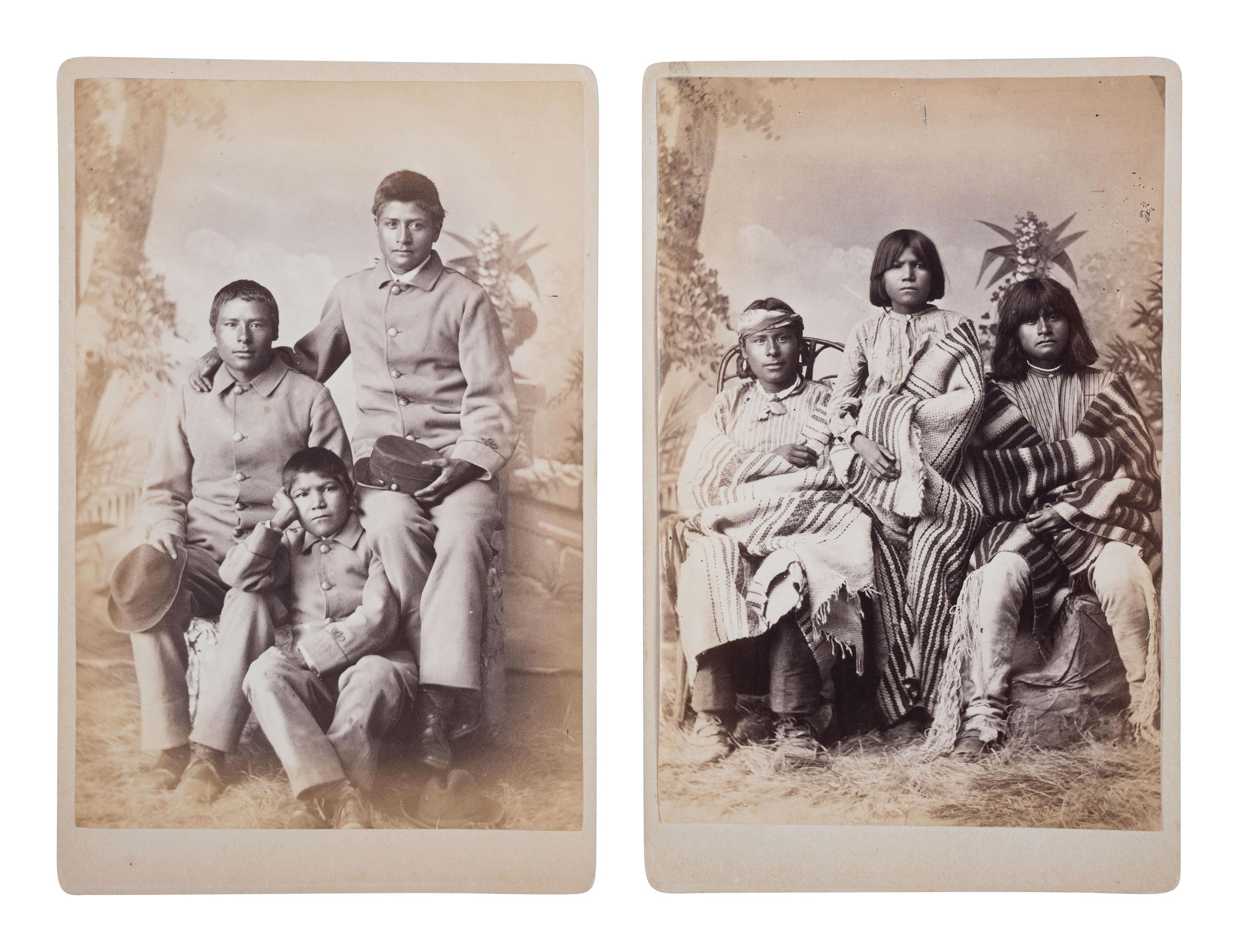 CHOATE, John N. (1848-1902), photographer. A pair of cabinet cards featuring identified male Pueblo students at Carlisle Indian School, before and after. Carlisle, PA, ca 1880-81.