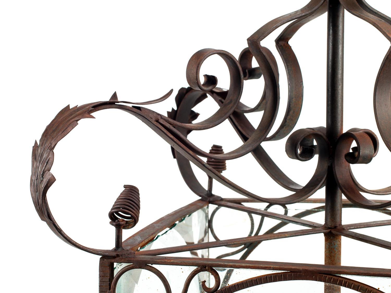 A Pair of Large Continental Wrought Iron and Etched Glass Lanterns