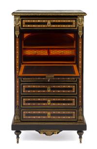A Napoleon III Ebonized and Mother-of-Pearl Inset Secretaire a Abattant Height 51 1/4 x width 29 x depth 14 inches. — 19TH CENTURY