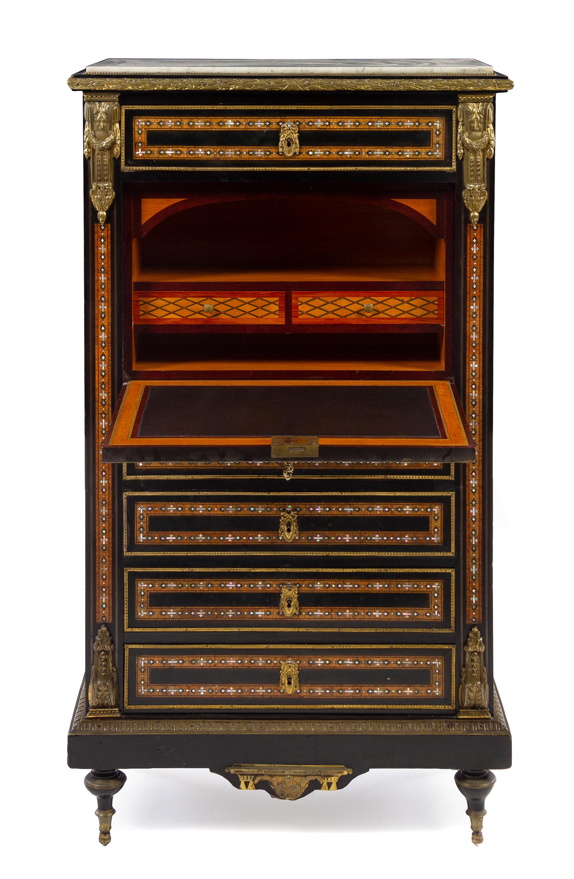 A Napoleon III Ebonized and Mother-of-Pearl Inset Secretaire a Abattant Height 51 1/4 x width 29 x depth 14 inches. — 19TH CENTURY