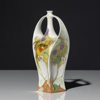 Eggshell porcelain two-handled vase with polychrome bird and floral decor, model 117p