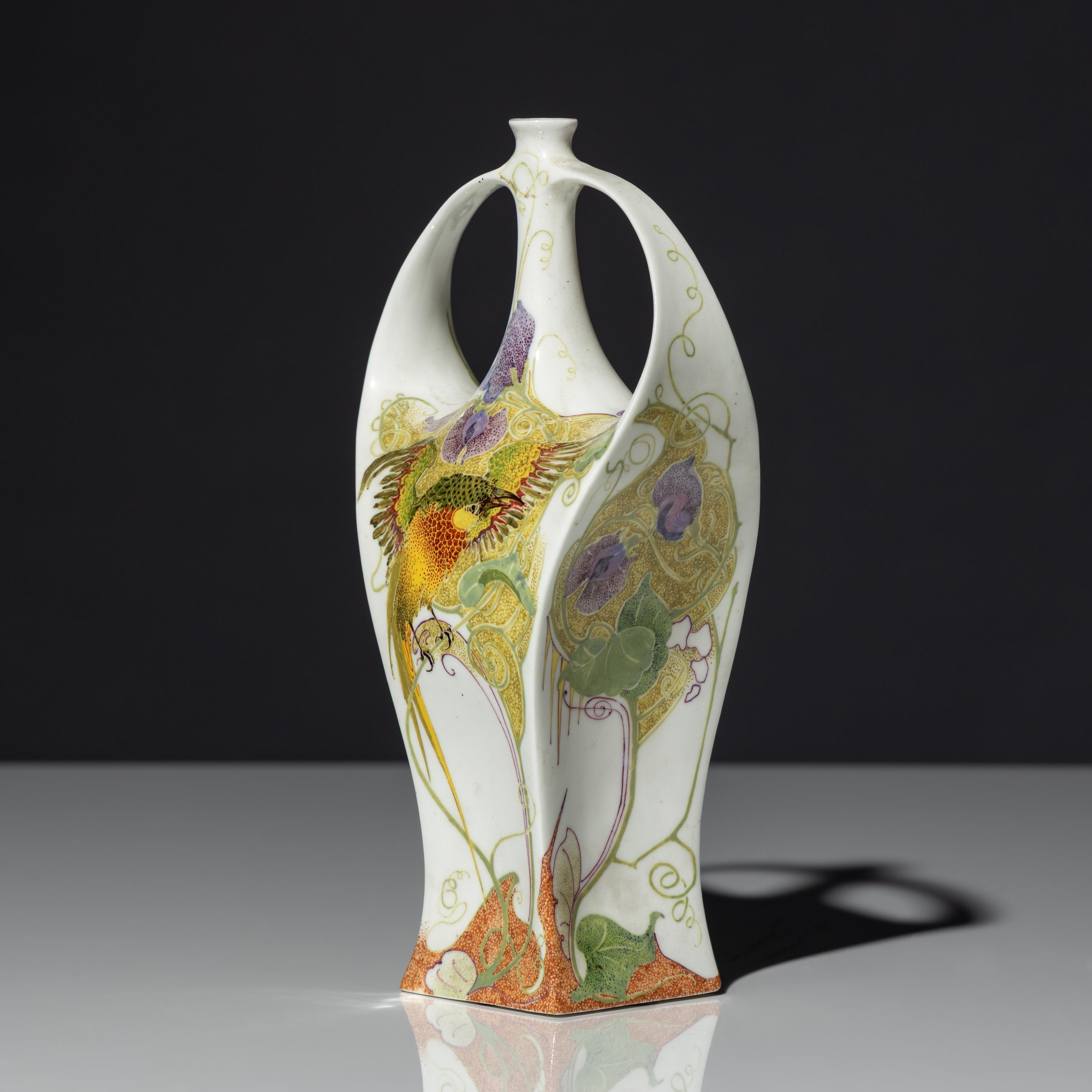 Eggshell porcelain two-handled vase with polychrome bird and floral decor, model 117p
