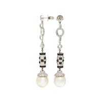 SOUTH SEA CULTURED PEARL, DIAMOND, ONYX AND ENAMEL EARRINGS