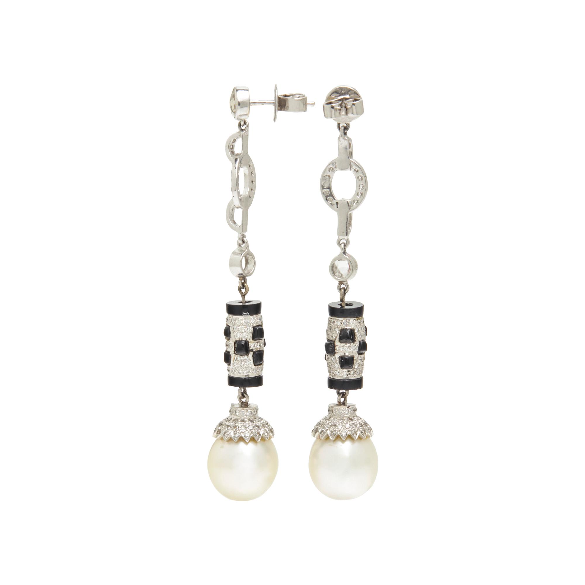 SOUTH SEA CULTURED PEARL, DIAMOND, ONYX AND ENAMEL EARRINGS