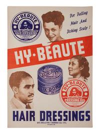 [ADVERTISING]. Hy-Beaute Hair Dressings placard. Atlanta, GA: Hy Beaute Chemical Co., ca early 1950s. [ With: ] Approx. 90 Valmor product labels featuring African American models.