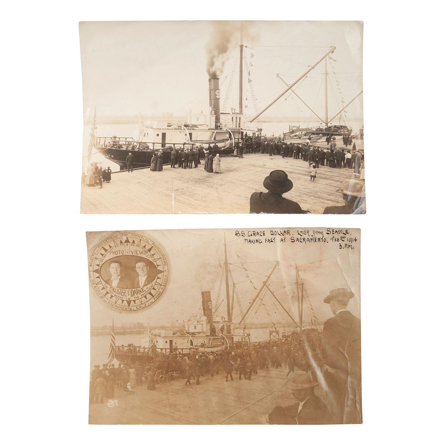 [EARLY PHOTOGRAPHY] -- [TRANSPORTATION]. A group of silver gelatin and albumen photographs of steamships, boats, and harbors, including the Bailey Gatzert on the Columbia River, comprising:
