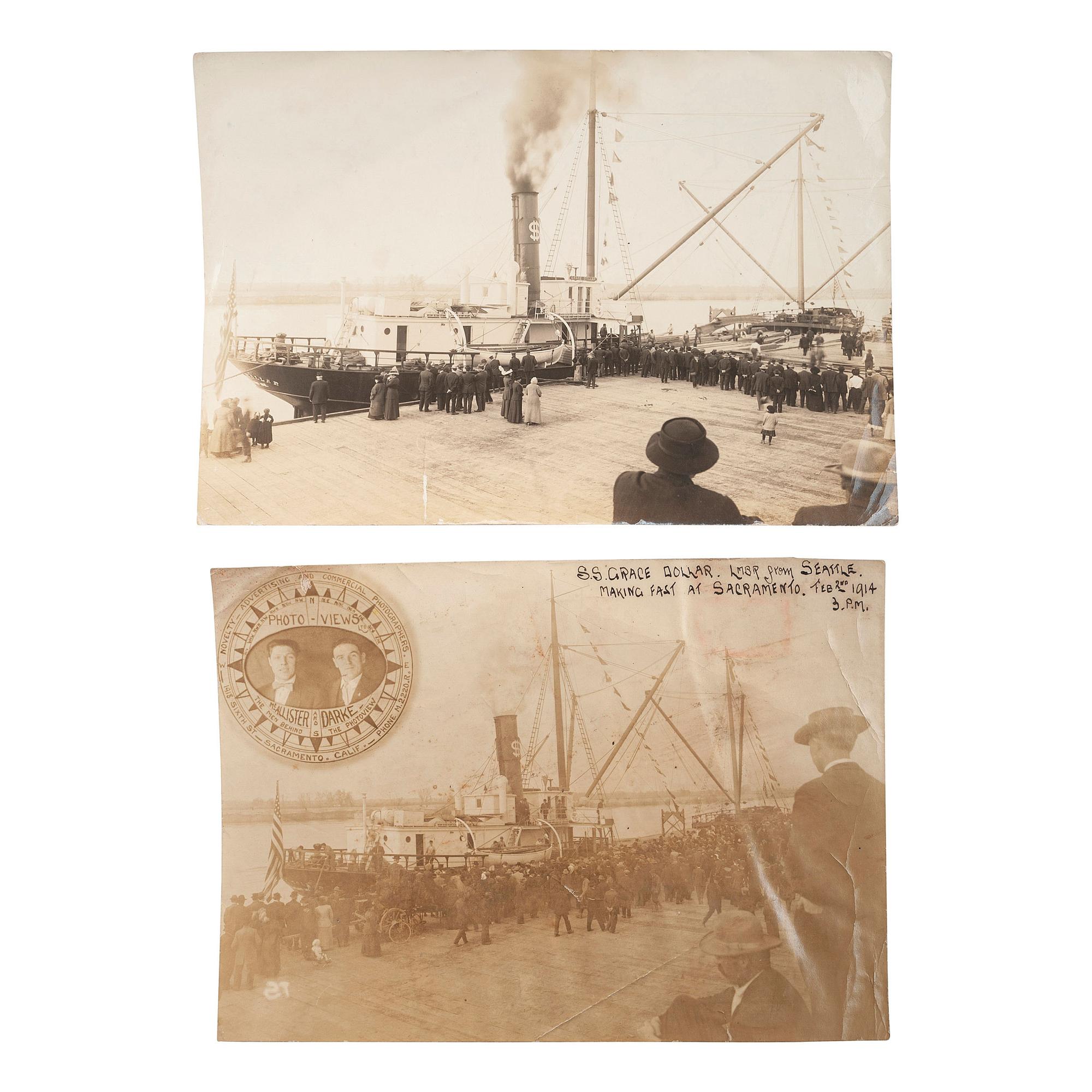 [EARLY PHOTOGRAPHY] -- [TRANSPORTATION]. A group of silver gelatin and albumen photographs of steamships, boats, and harbors, including the Bailey Gatzert on the Columbia River, comprising:
