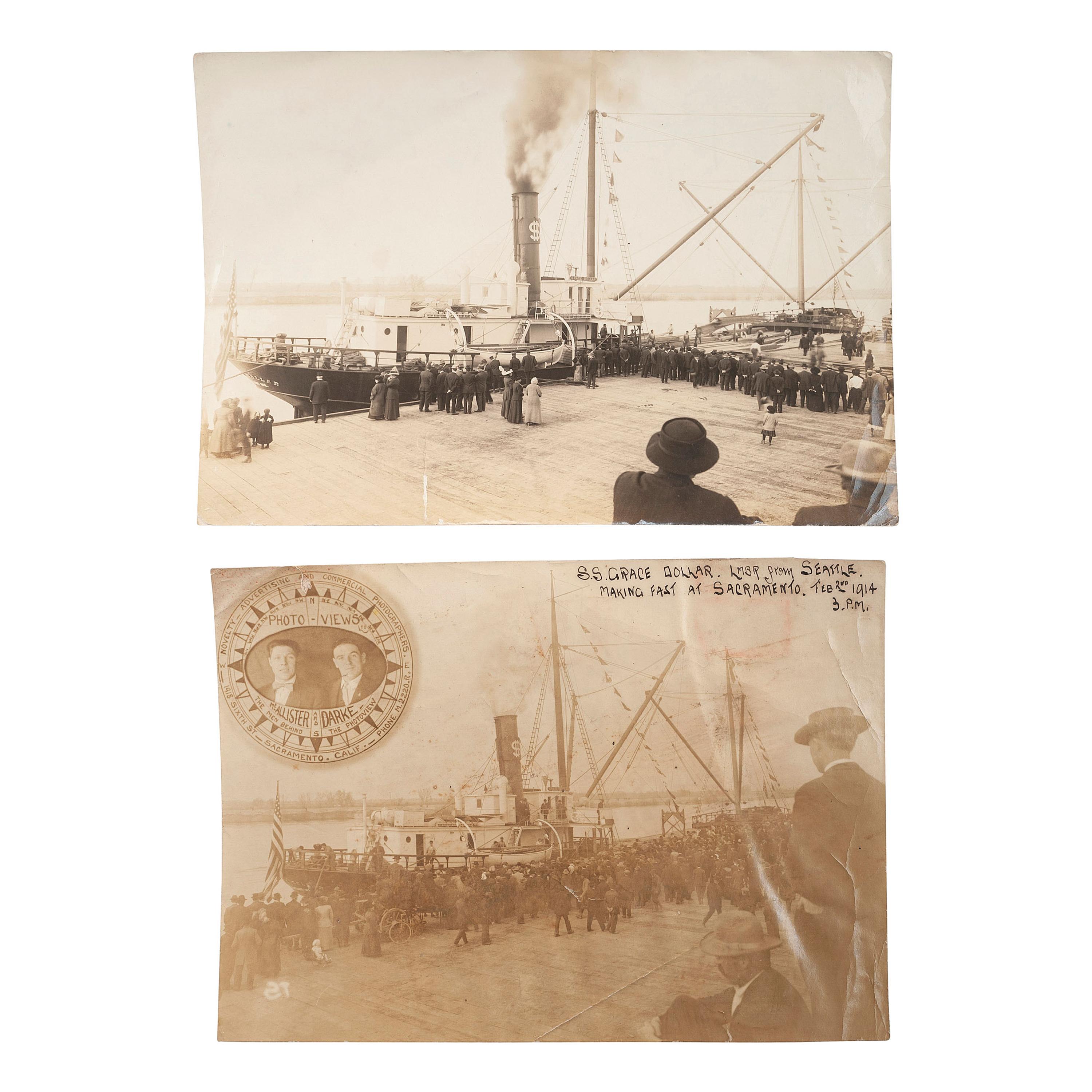 [EARLY PHOTOGRAPHY] -- [TRANSPORTATION]. A group of silver gelatin and albumen photographs of steamships, boats, and harbors, including the Bailey Gatzert on the Columbia River, comprising: