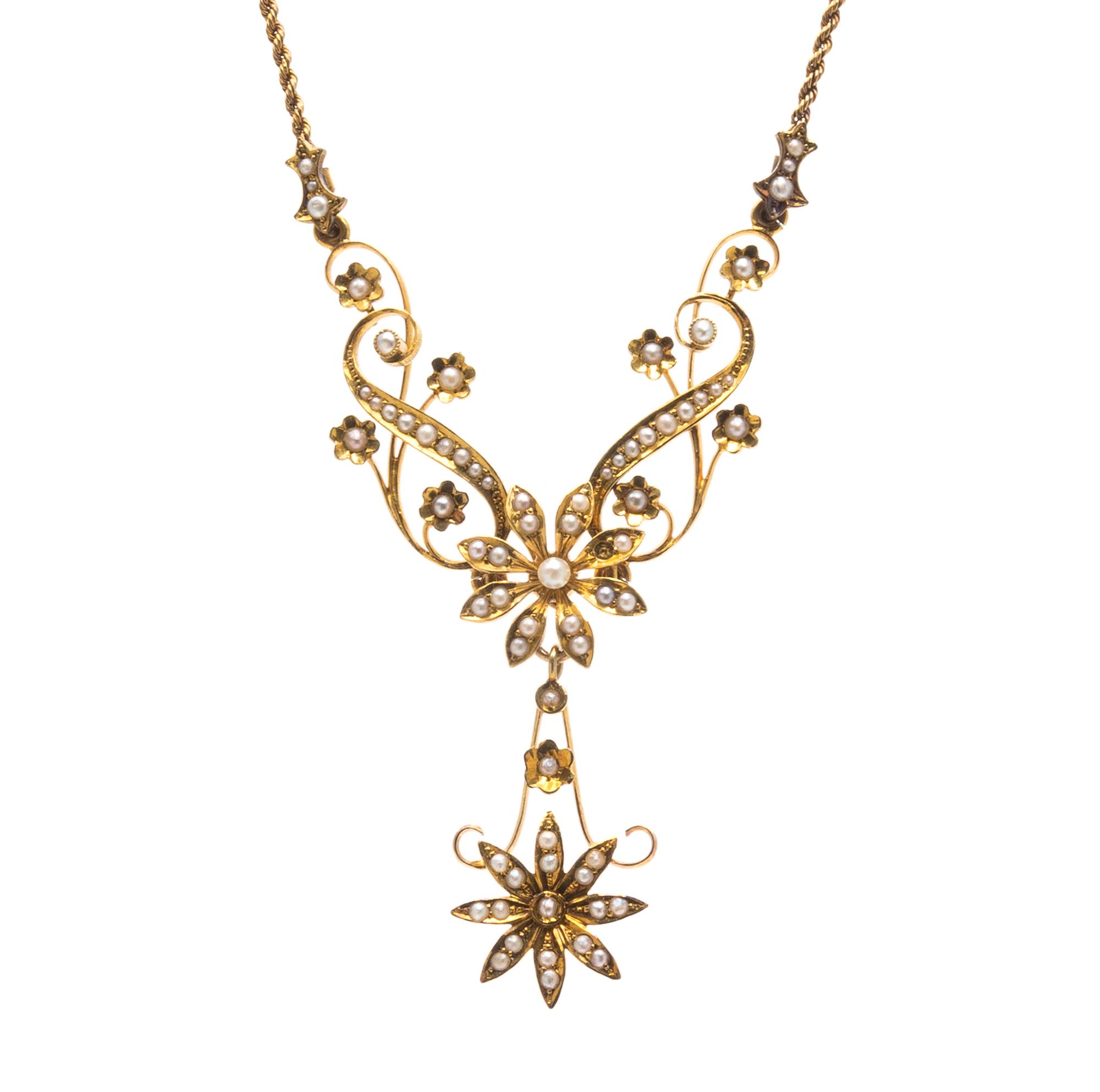 A Collection of Art Nouveau Yellow Gold and Seed Pearl Jewelry, 14.00 dwts.