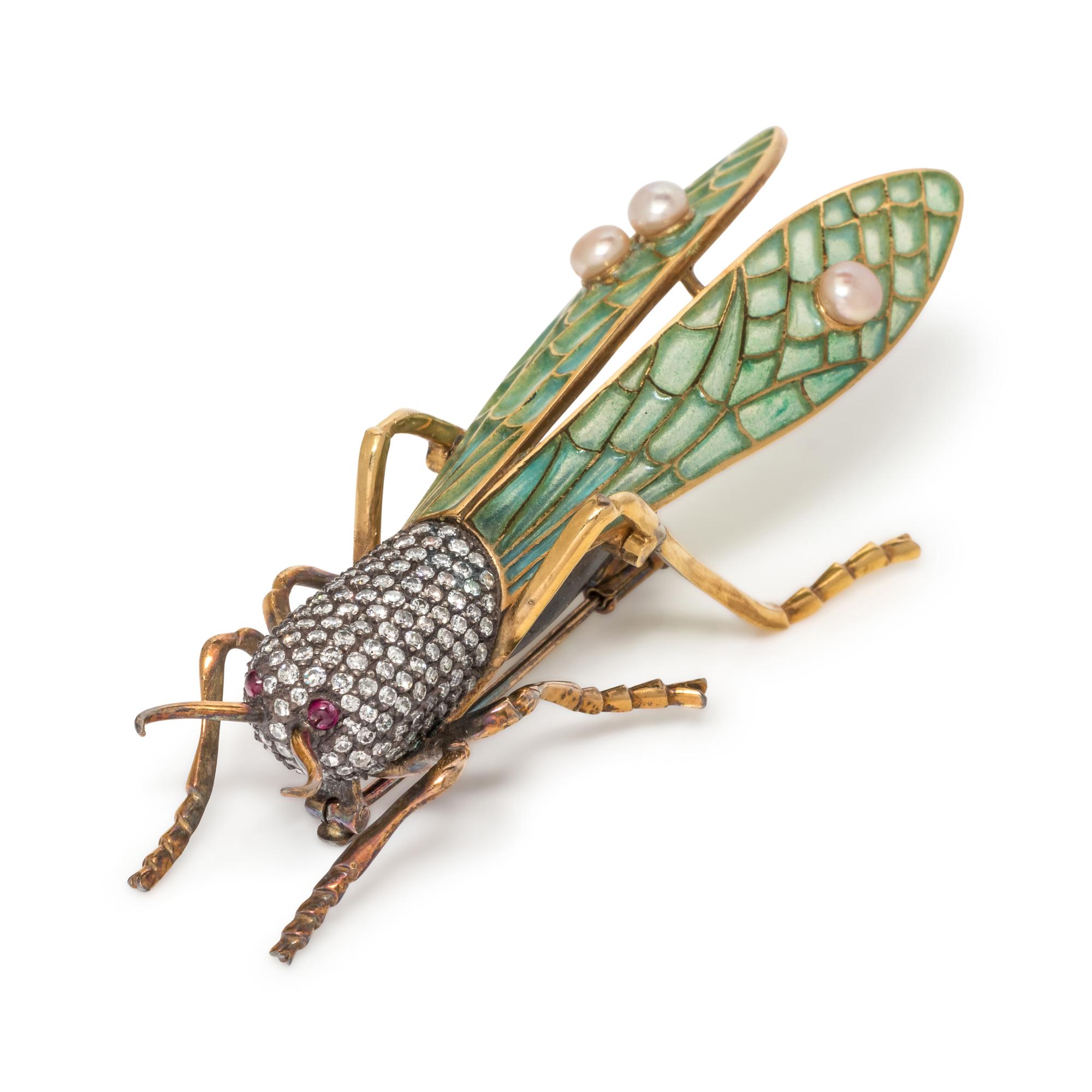 EVELYN CLOTHIER, DIAMOND, PLIQUE-À-JOUR ENAMEL AND CULTURED PEARL GRASSHOPPER BROOCH