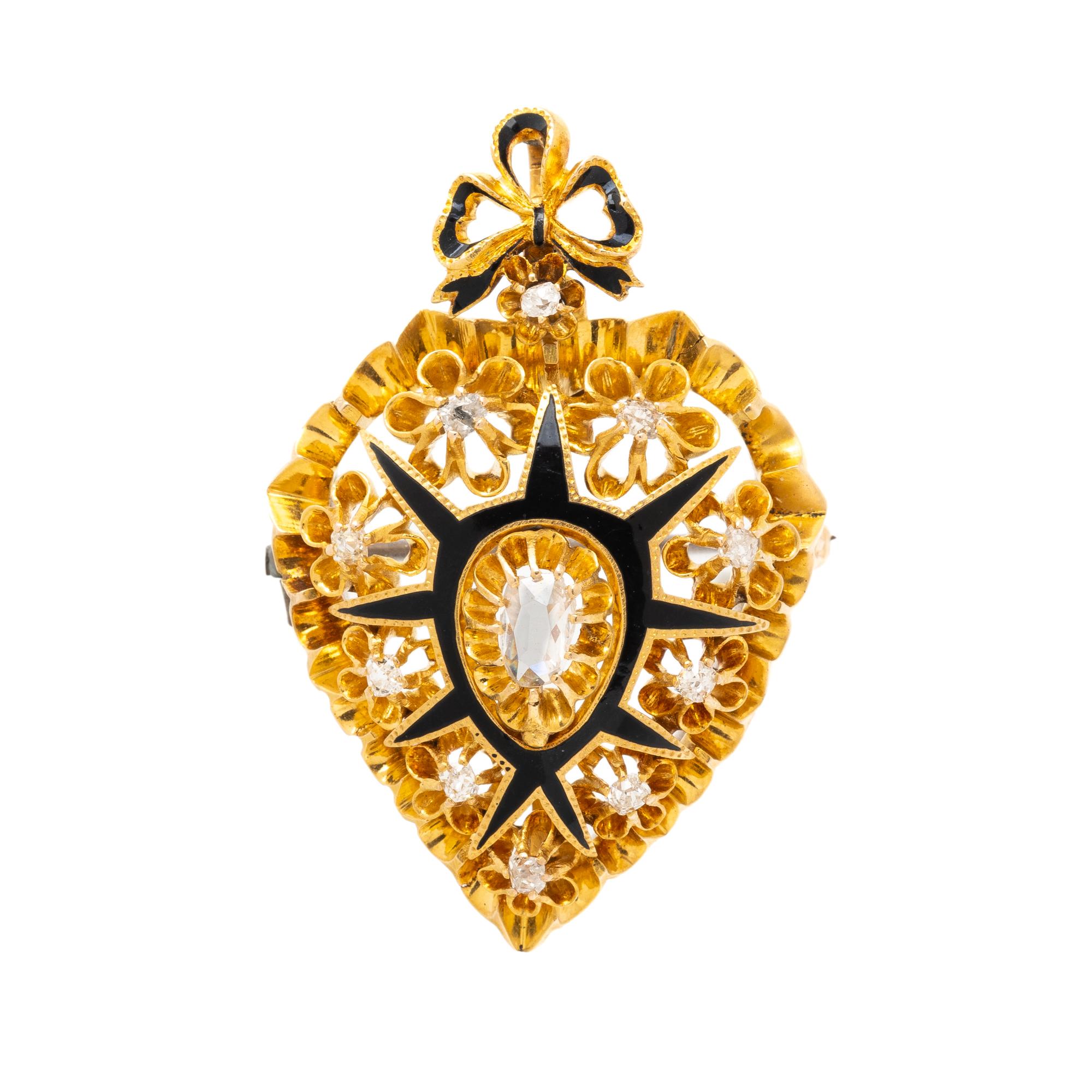 VICTORIAN, ENAMEL, CRYSTAL, AND DIAMOND PIN PENDANT