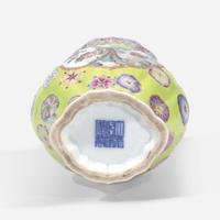 A finely-decorated chartreuse-ground lobed cabinet vase 粉彩黄绿地赏瓶 Qianlong six-character seal mark ?????