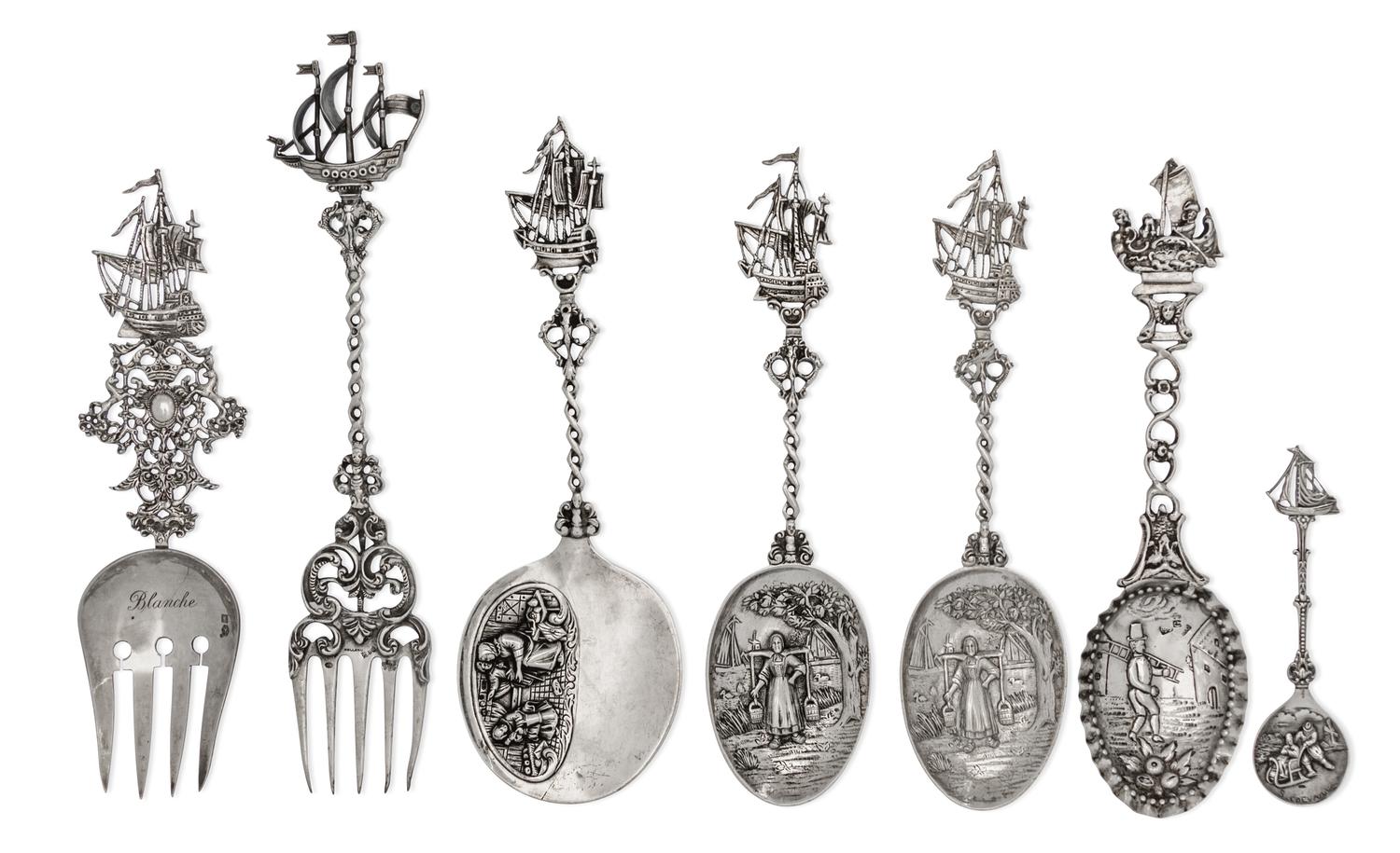A Group of Seven Dutch and German Silver Serving Articles, Various Makers, each having a ship terminal, comprising five spoons and two