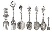 A Group of Seven Dutch and German Silver Serving Articles, Various Makers, each having a ship terminal, comprising five spoons and two