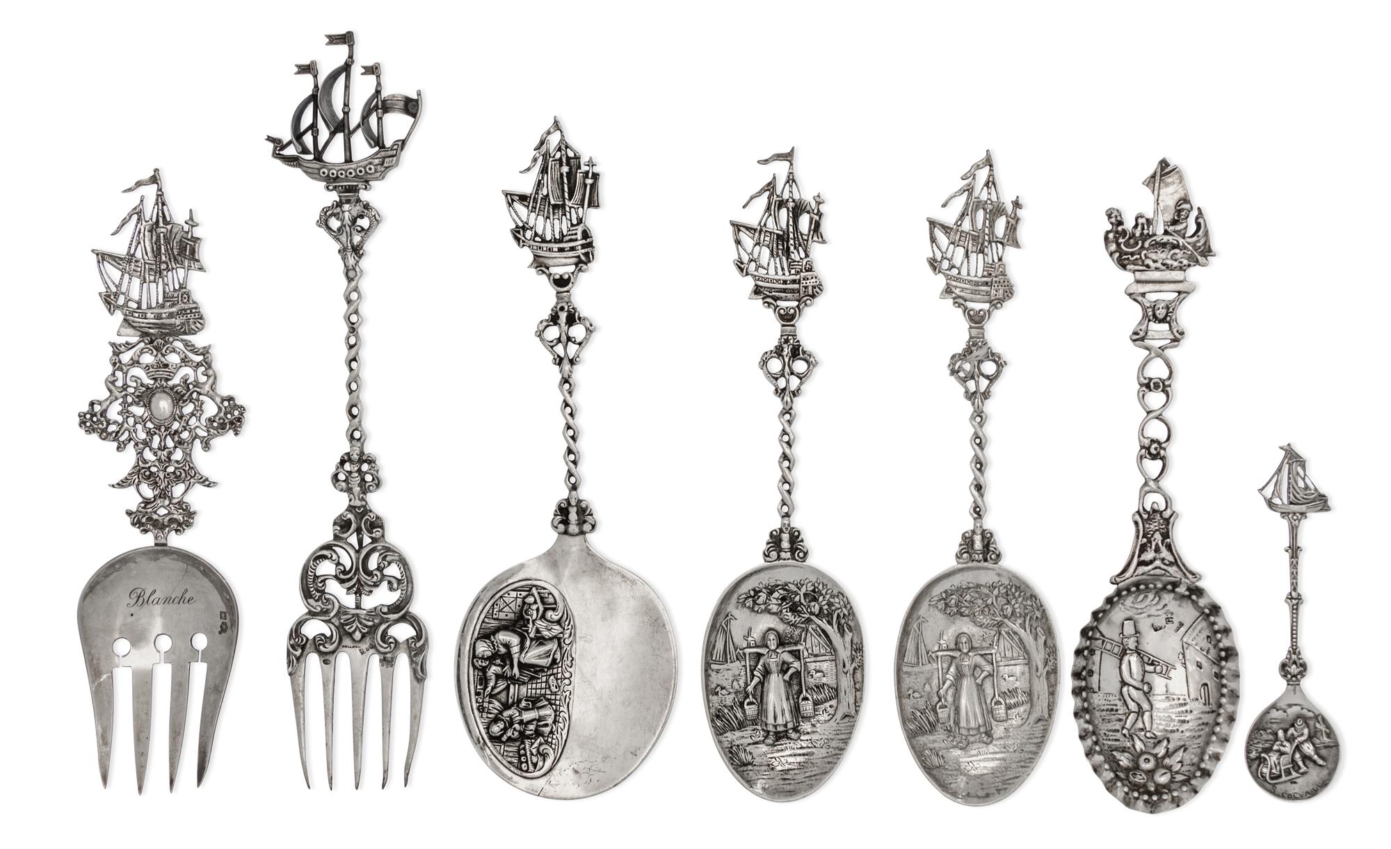A Group of Seven Dutch and German Silver Serving Articles, Various Makers, each having a ship terminal, comprising five spoons and two